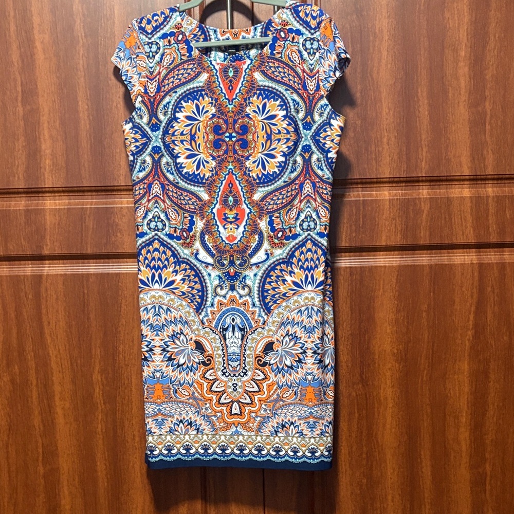 R&K Printed Cap-Sleeve Mini Dress in Blue & Orange
